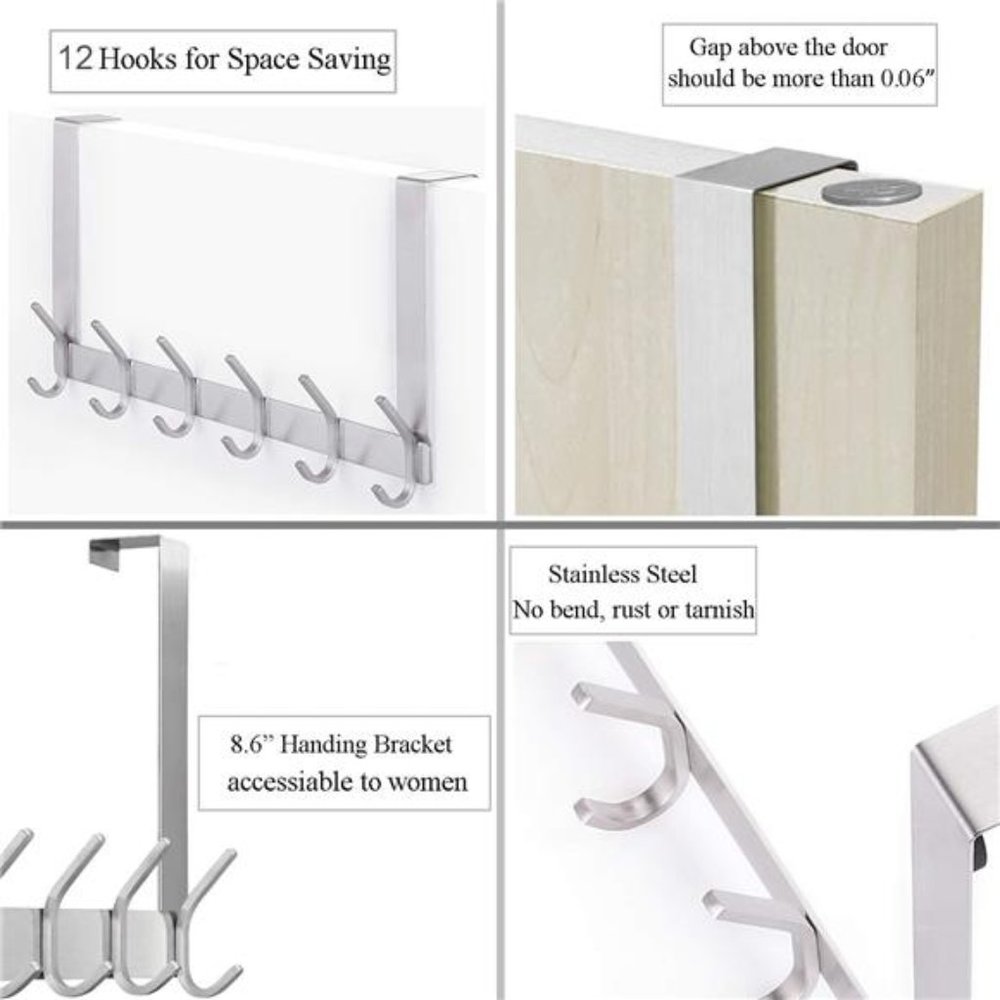 Over The Door Hooks, Stainless Steel Heavy Duty Over Door Hanger Holder Coat Hat - Picture 2 of 7